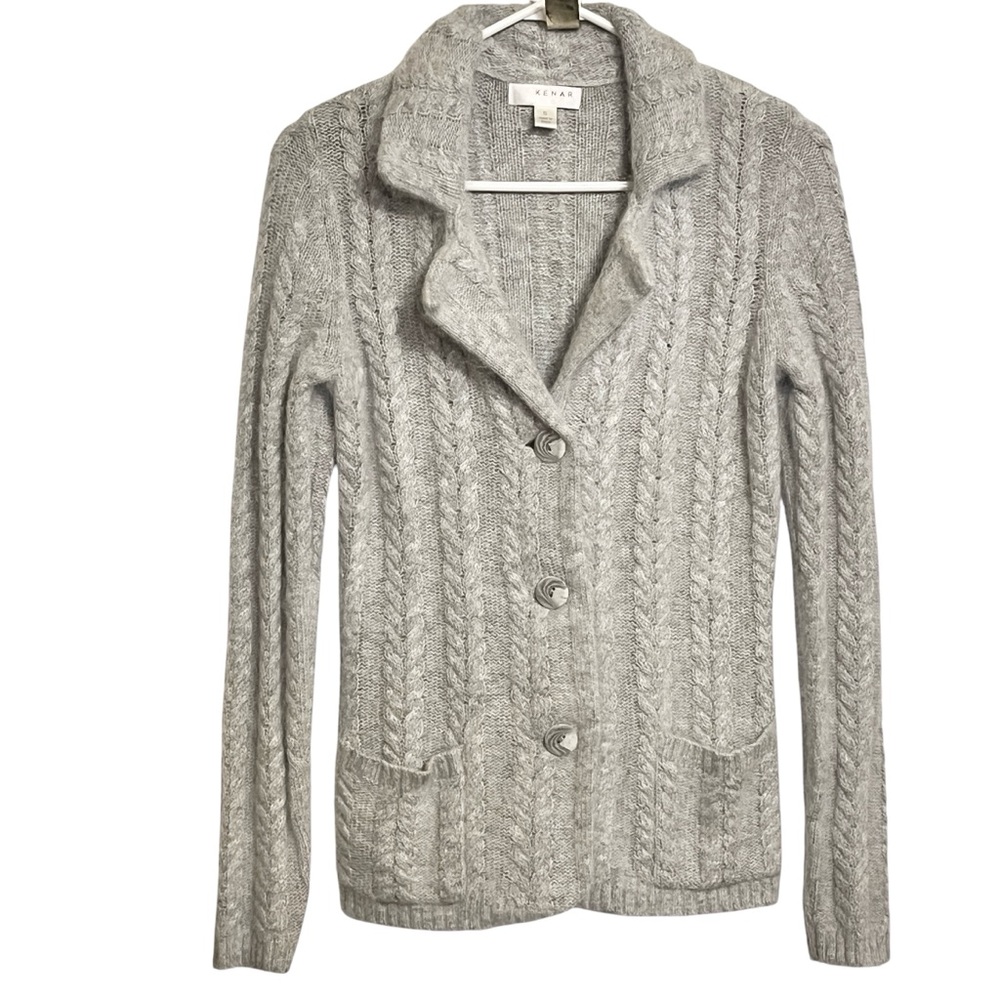 Kenar  Angora Blend Cardigan  Sweater Gray Cable Knit Pockets Women’s Small